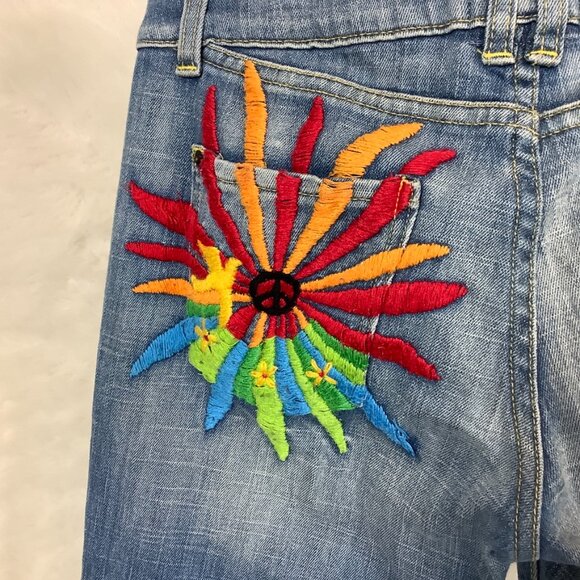 Vintage Y2K 00s People For Peace Low Rise Embroidered Flare Jeans 31 - Picture 5 of 7